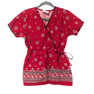 UA Scrubs Vintage Bandana Paisley Wrap Scrub Top Red